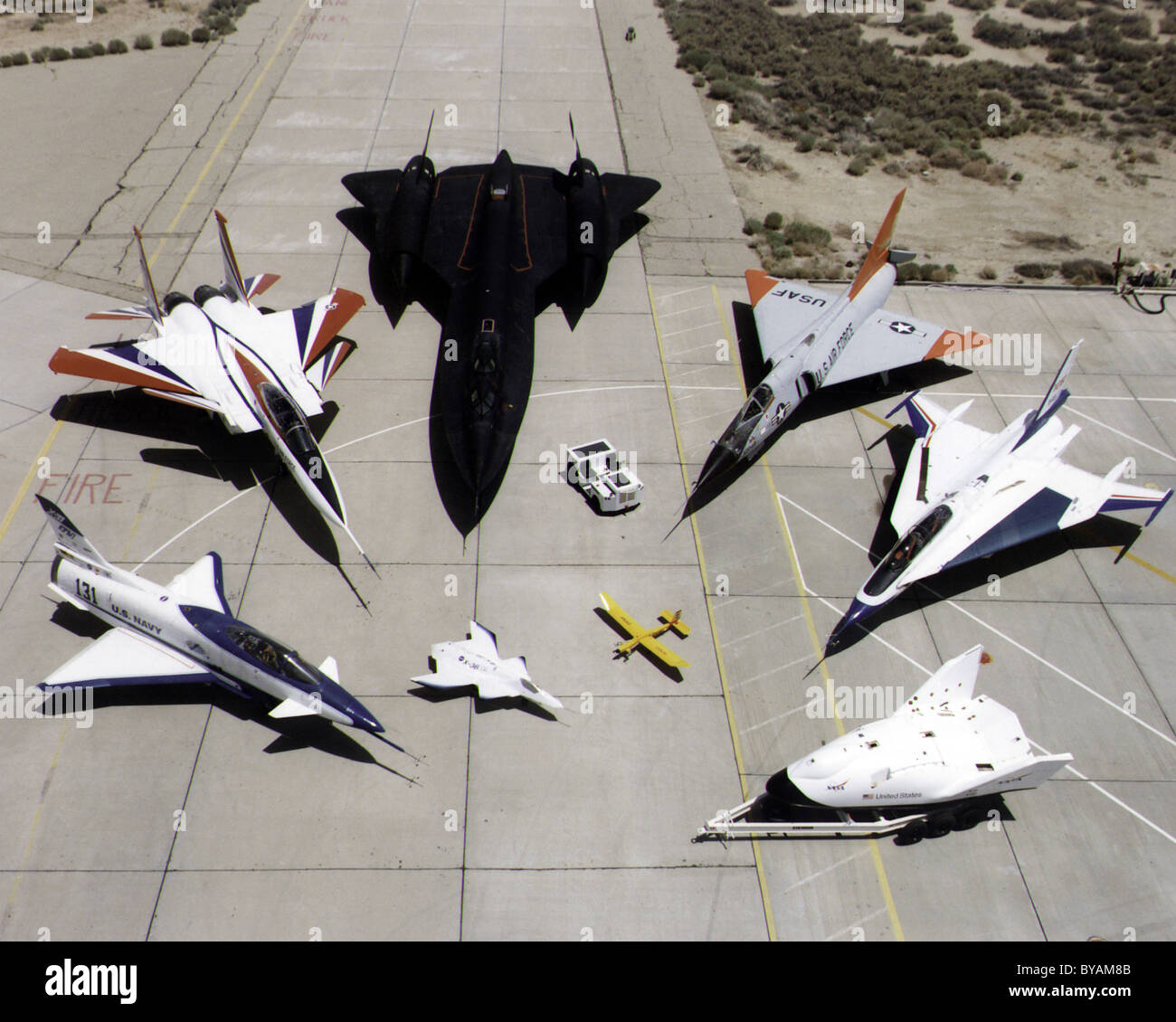 NASA Forschungsflugzeugs, X-31, f-15 ACTIVE, SR-71, F-106, F-16XL Schiff #2, X-38 und X-36. Stockfoto