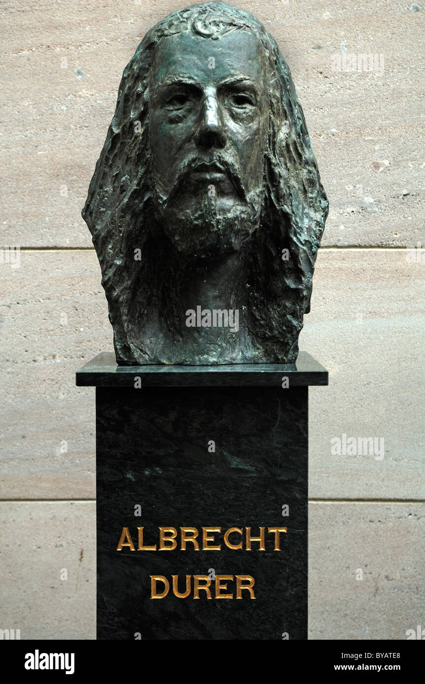 Albrecht Duerer, moderne Skulptur, Neues Museum, Luitpoldstrasse 5, Nürnberg, Middle Franconia, Bayern, Deutschland, Europa Stockfoto