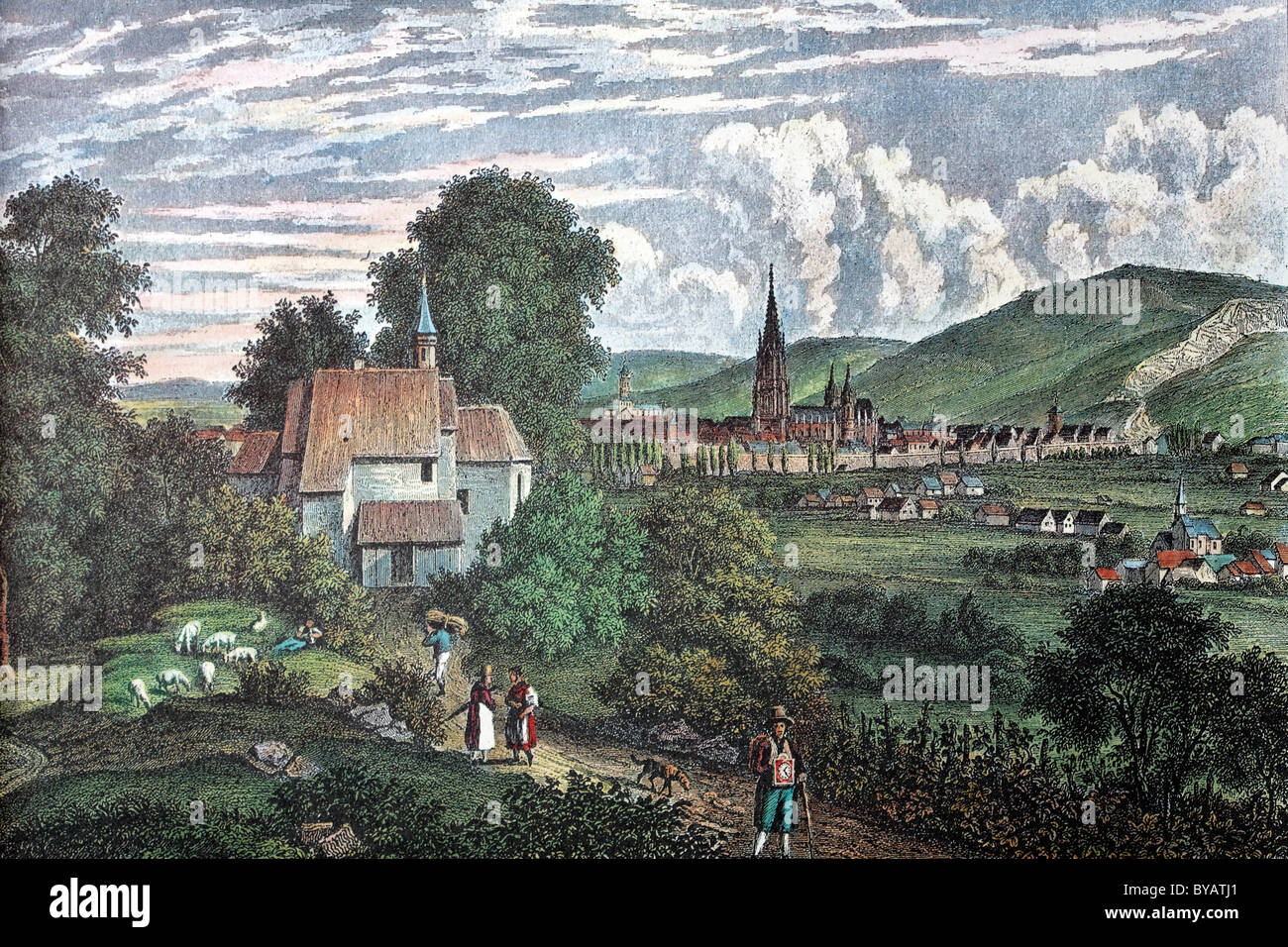Freiburg im Jahre 1840, historisches Stadtbild, Stahlstich aus dem 19. Jahrhundert, Baden-Württemberg, Deutschland, Europa Stockfoto