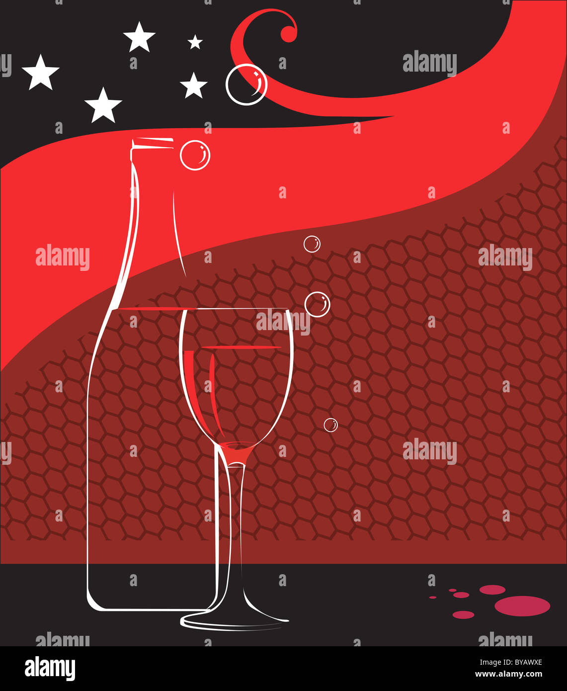 Illustration von Weinglas und Weinflasche mit Sternen Stockfoto