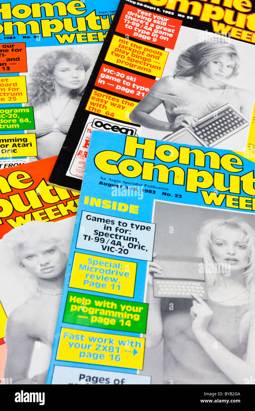 Auswahl an wöchentlichen Heimcomputer Computerzeitschriften von 1983 mit Seite 3 Modelle auf der Vorderseite. Stockfoto