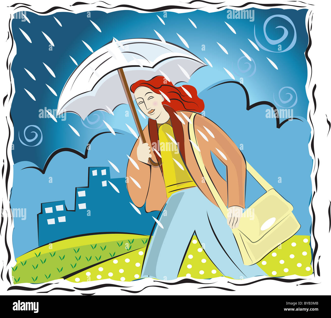 Eine Frau, gefangen im Regen unter einem Regenschirm Stockfoto