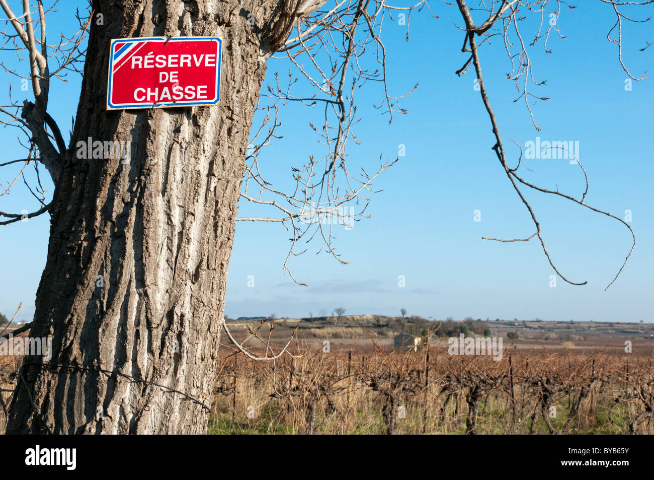 'Reserve De Chasse' Schild an einem Baum in der französischen Landschaft genagelt. Stockfoto