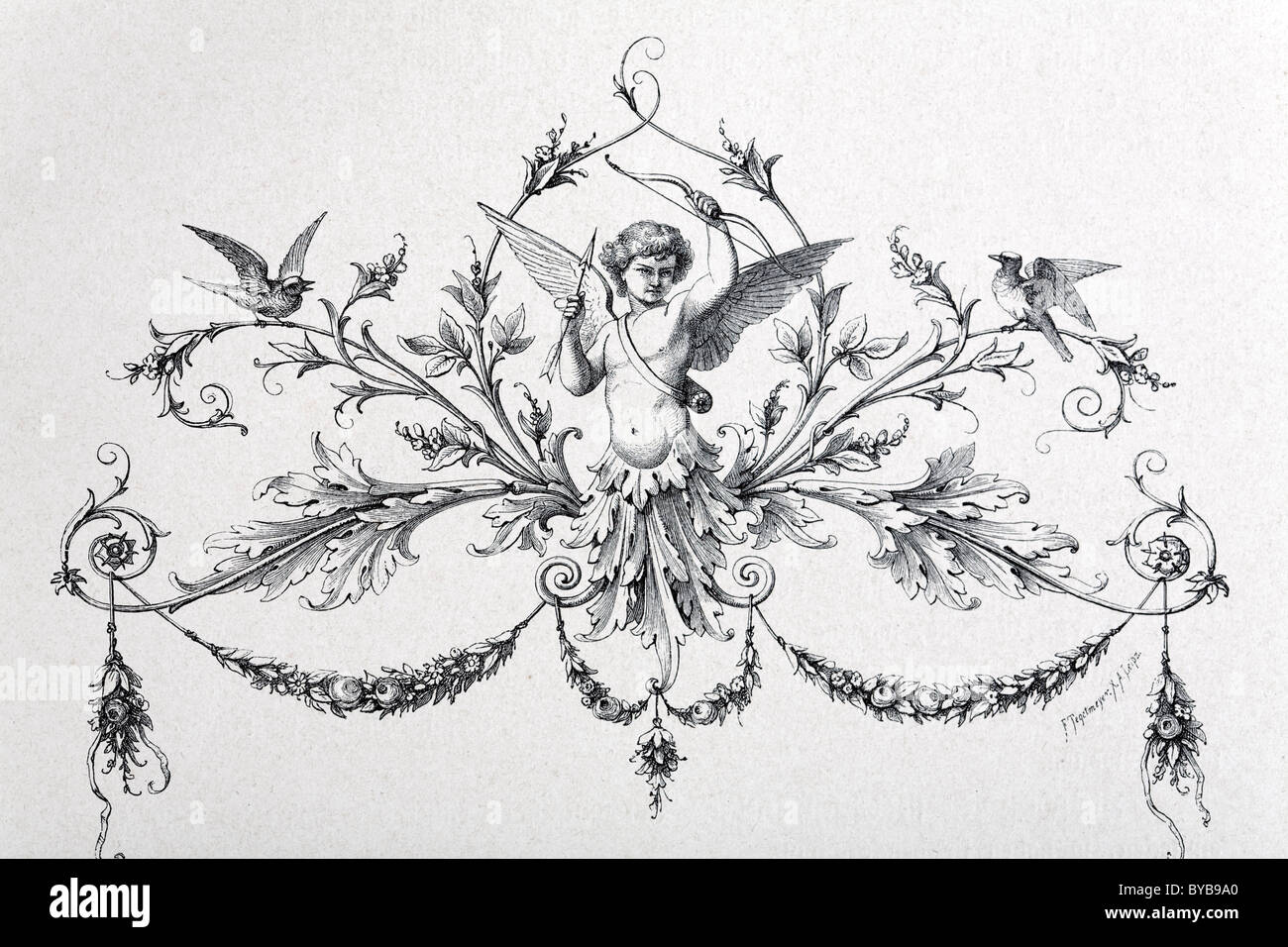 Vignette mit Amor und Ranken, Stahlstich, Buchillustration, Romeo und Julia von Shakespeare, Ausgabe aus dem Jahre 1890 Stockfoto