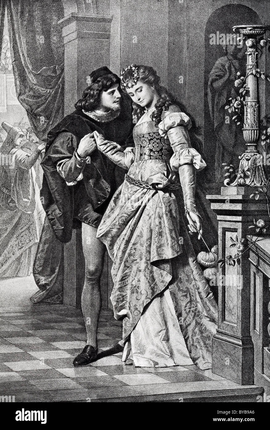 Paar, tragen historische Kostüme, Stahlstich, Buchillustration, Romeo und Julia von Shakespeare, Ausgabe aus dem Jahre 1890 Stockfoto