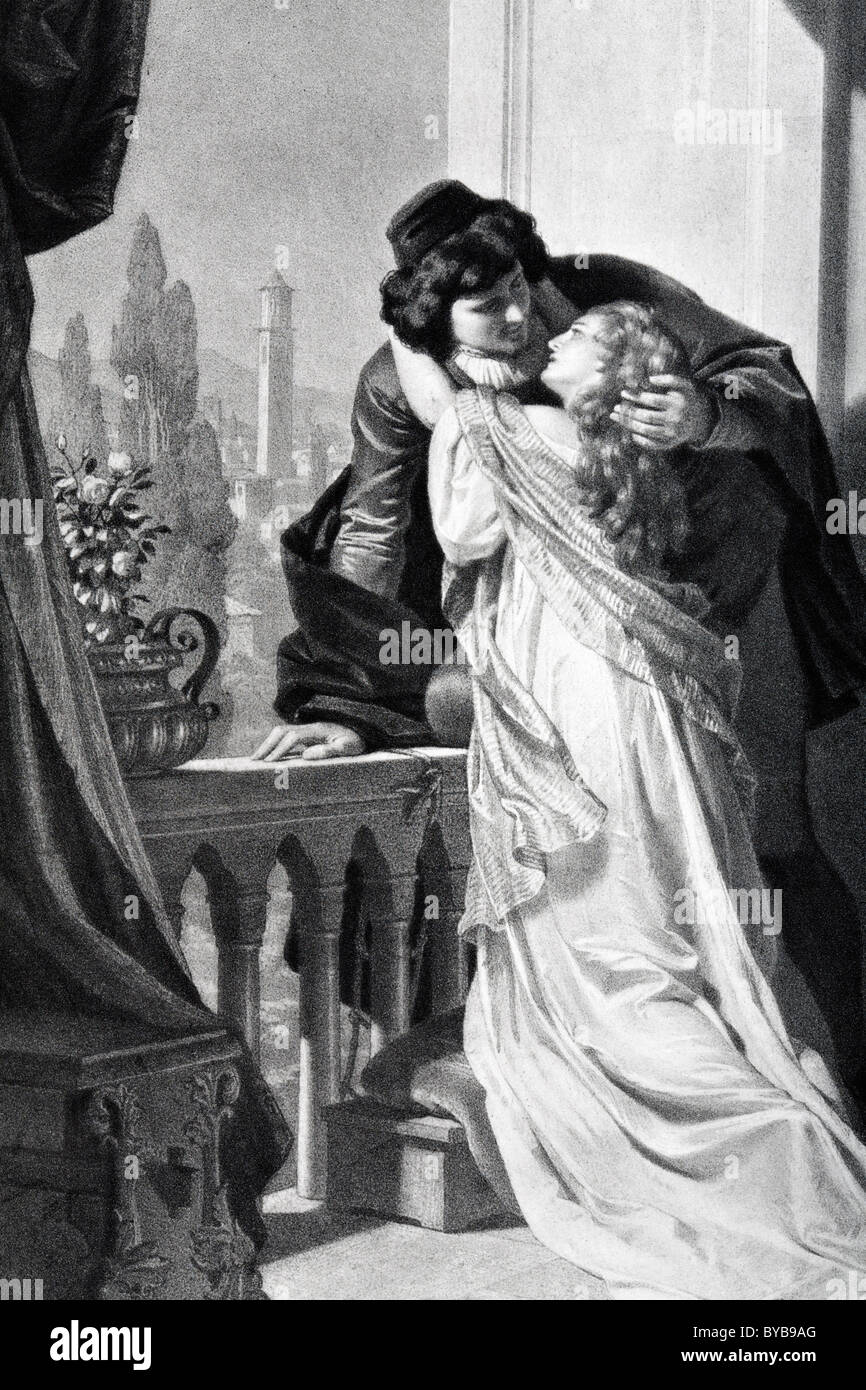 Liebenden umarmen, tragen historische Kostüme, Stahlstich, Buchillustration, Szene aus Romeo und Julia von Shakespeare Stockfoto
