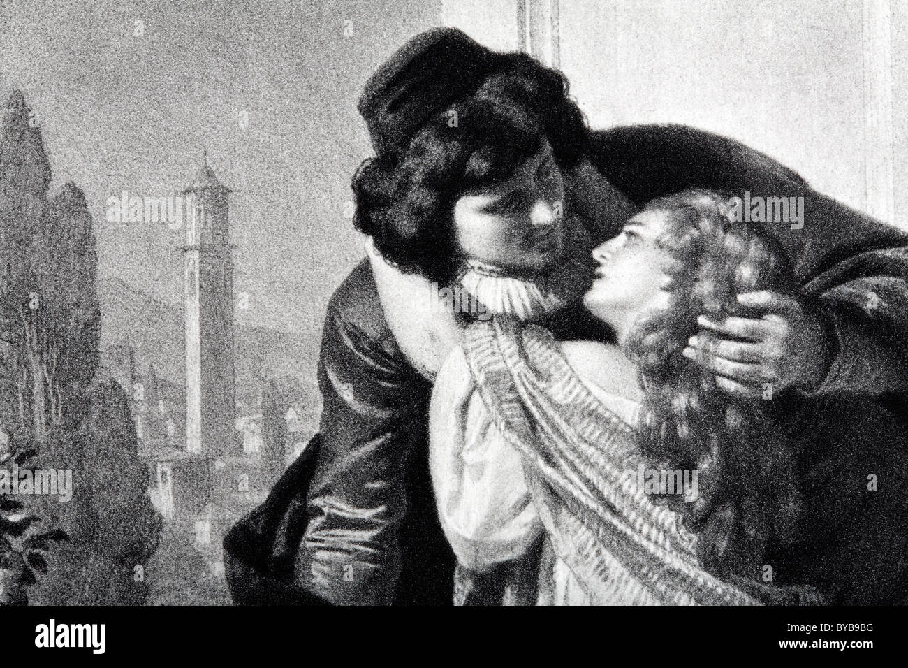Liebenden umarmen, tragen historische Kostüme, Stahlstich, Buchillustration, Szene aus Romeo und Julia von Shakespeare Stockfoto
