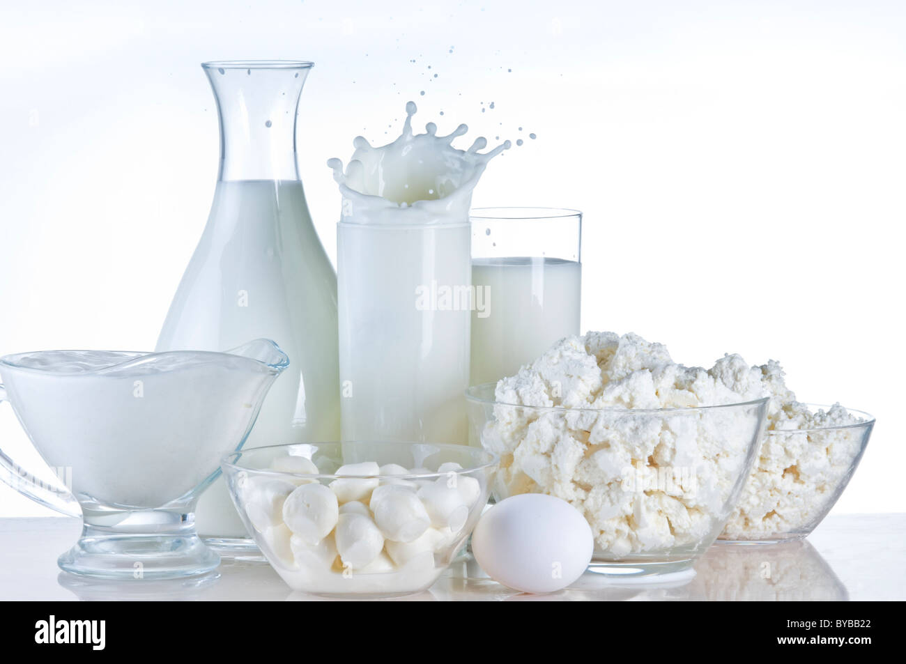 Milchprodukte und Milch Still-Leben auf weißem Hintergrund Stockfoto