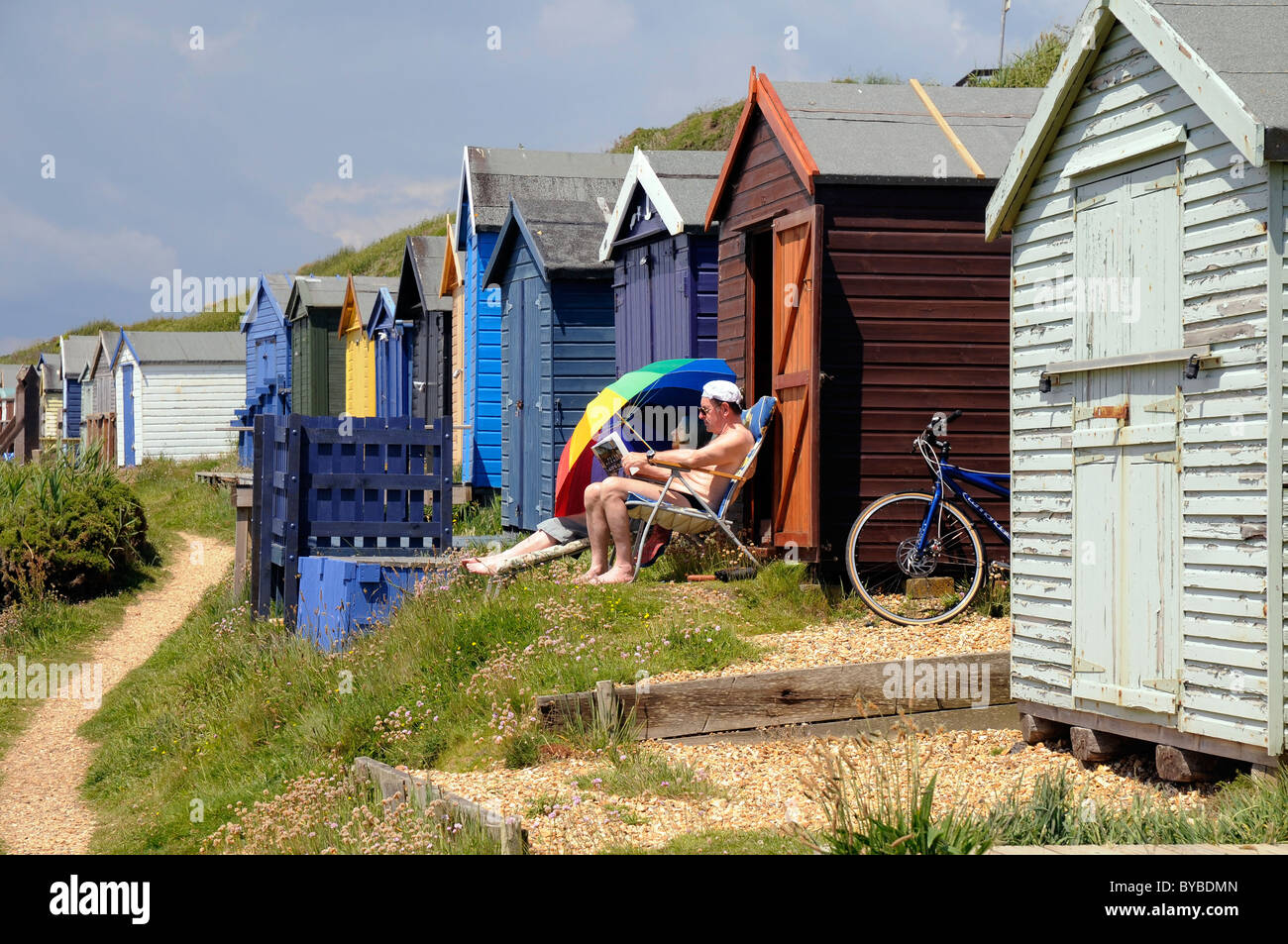 Strandhütten in Southengland Küste UK England Europa Stockfoto