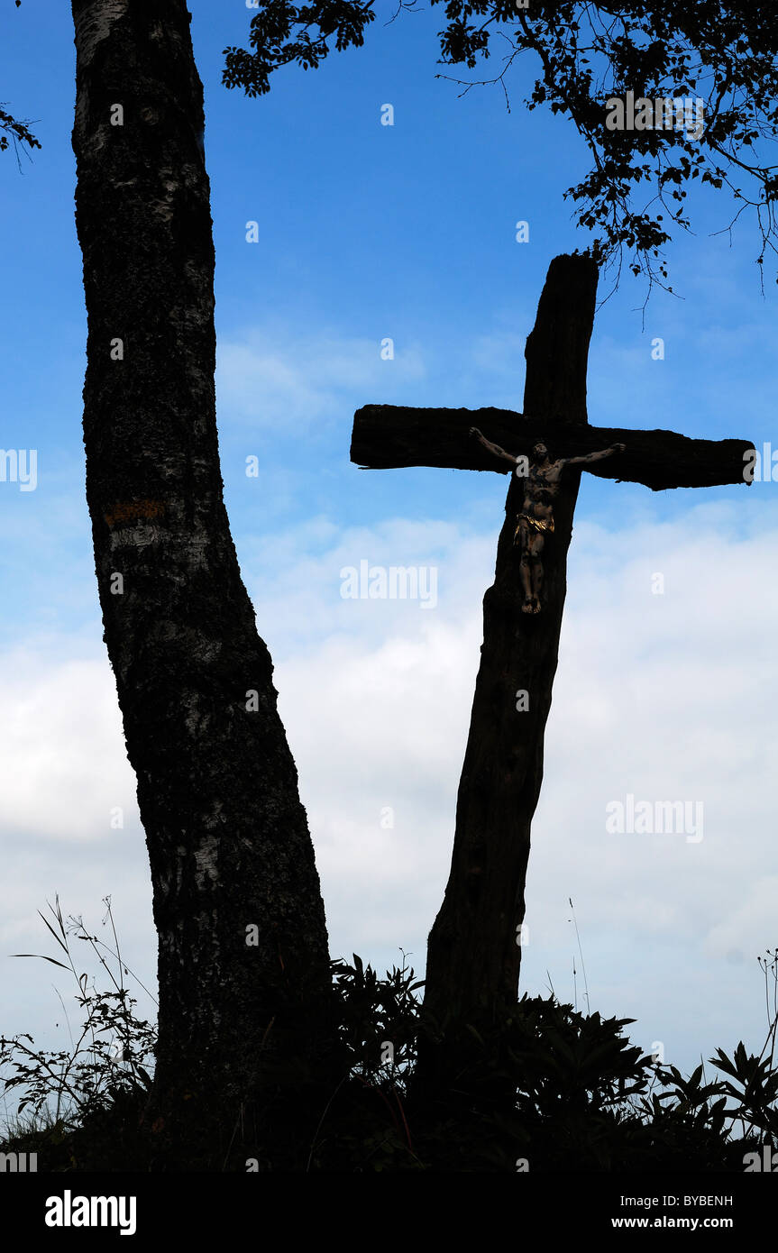 Silhouetten, verwitterte Figur des Christus auf einem alten Baum neben einer Birke Kreuz, Kreuzleshoehe, Krummen-Kreuzthal Stockfoto