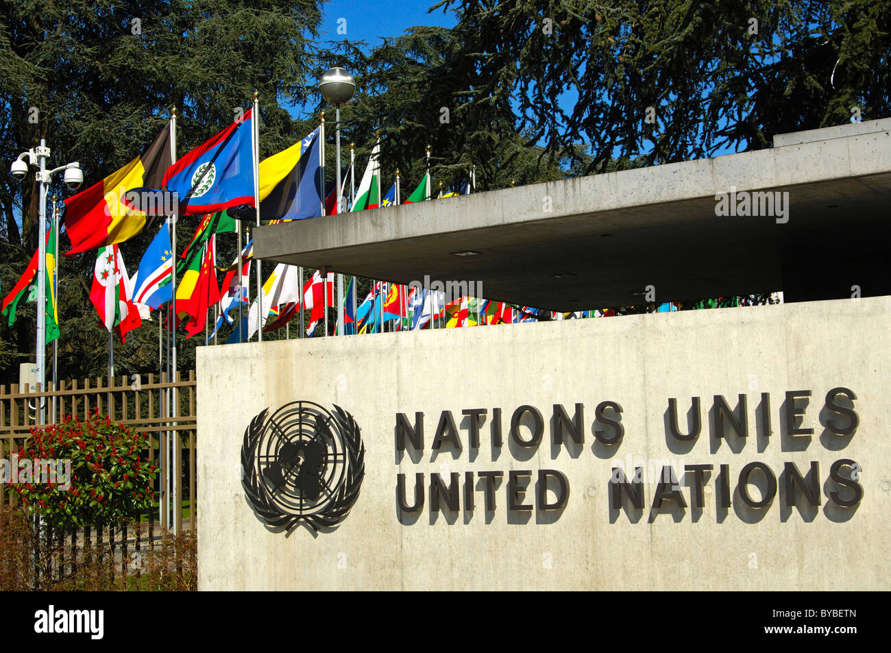 Eingang in die europäische Zentrale der Vereinten Nationen, UNO, Palais des Nations, Genf, Schweiz, Europa Stockfoto