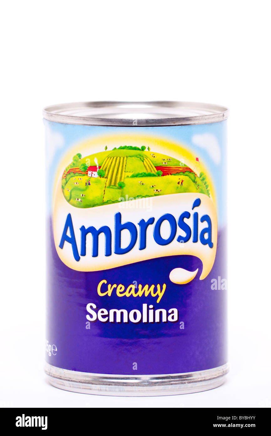 Eine Dose mit Ambrosia cremig Grieß auf weißem Hintergrund Stockfoto
