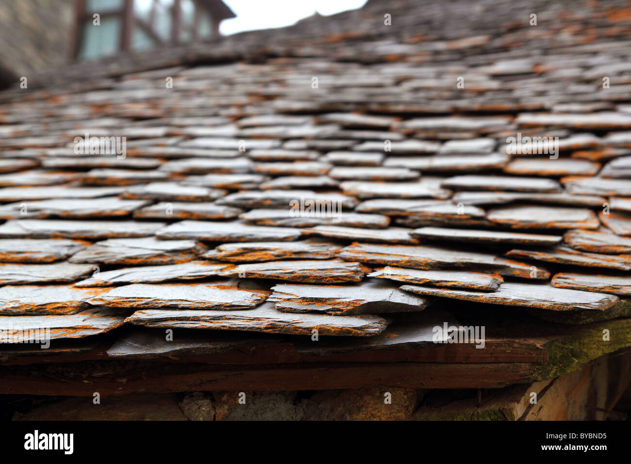 Schiefer Dachziegel Naturstein Perspektive selektiven Fokus im freien Stockfoto