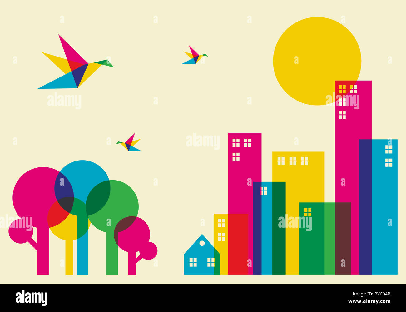 Frühling in der Stadt. Voller Farbe Brummen Vögel fliegen über den Wald und die Stadt. Vektor-Datei zur Verfügung. Stockfoto
