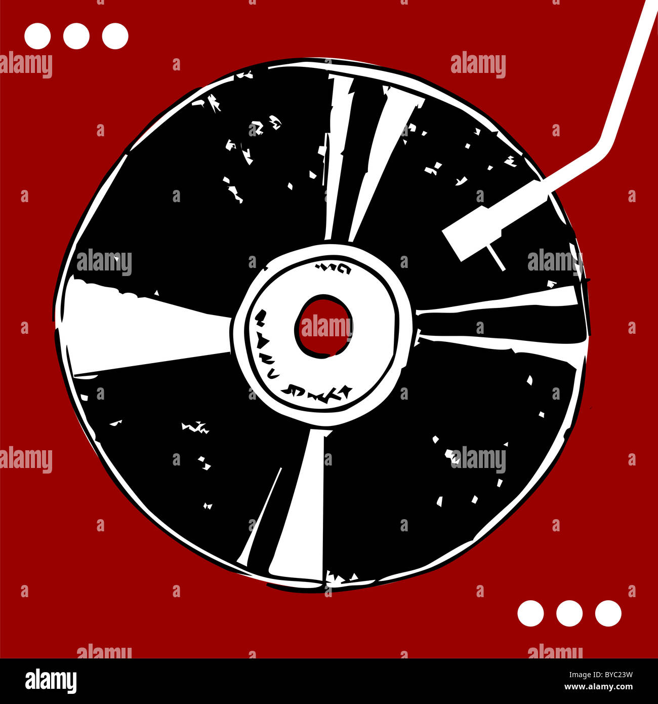 Vinyl-Scheibe auf rotem Hintergrund mit weißen Punkten. Retro-Stil. Vektor zur Verfügung Stockfoto