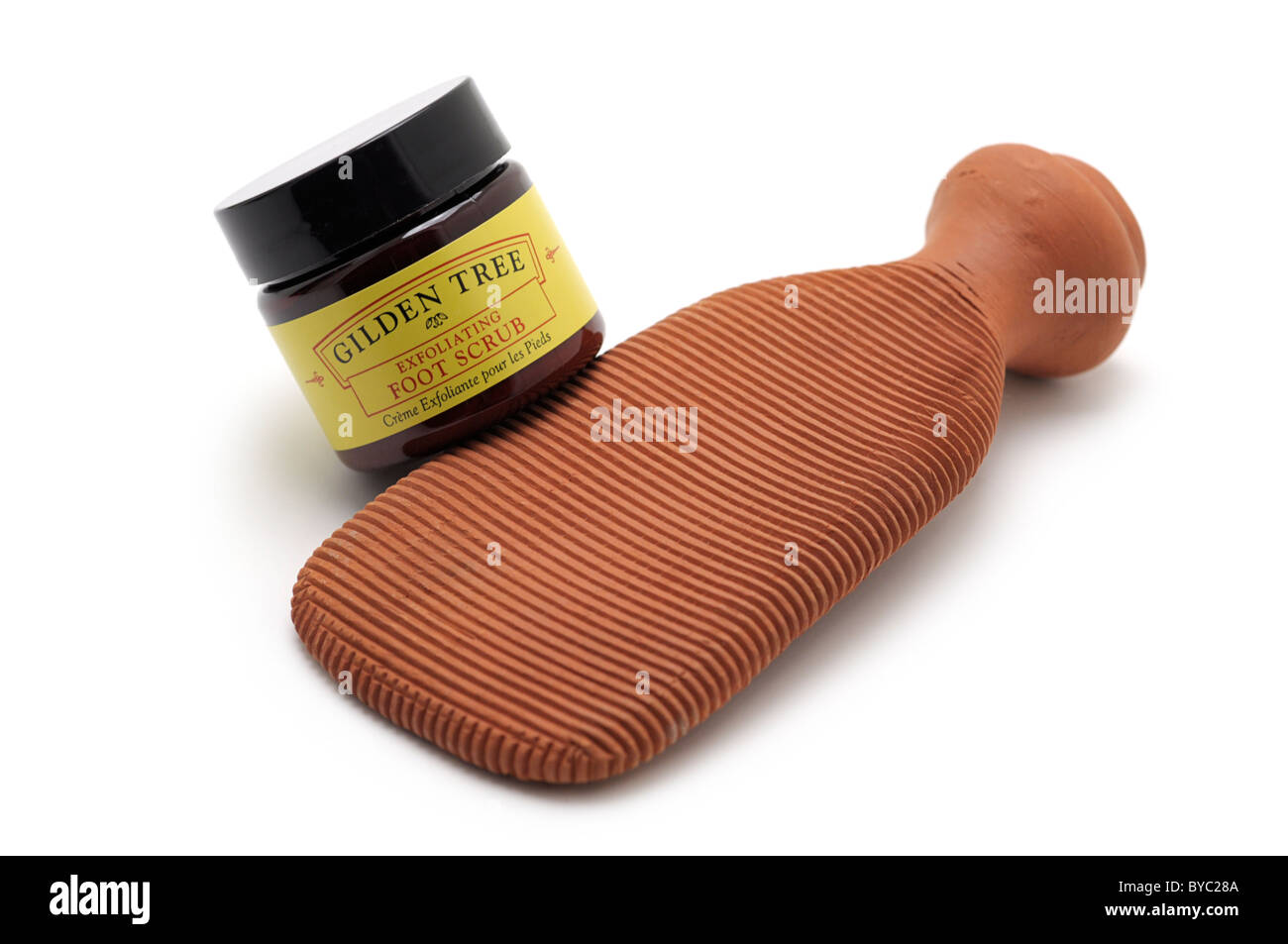 Bimssteingranulat - Terra Cotta und Peeling Fuß Peeling Creme Stockfoto