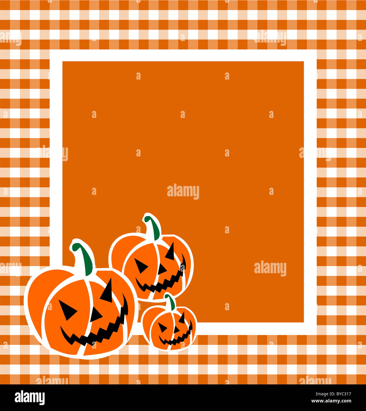 Halloween Kürbis Gesichter in einem Gitter-Rahmen. Orange hinterlegt. Vektor zur Verfügung Stockfoto