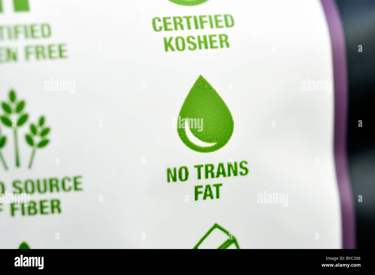 Keine Trans-Fettsäuren Zeichen auf Mais-Chips-Paket Stockfoto