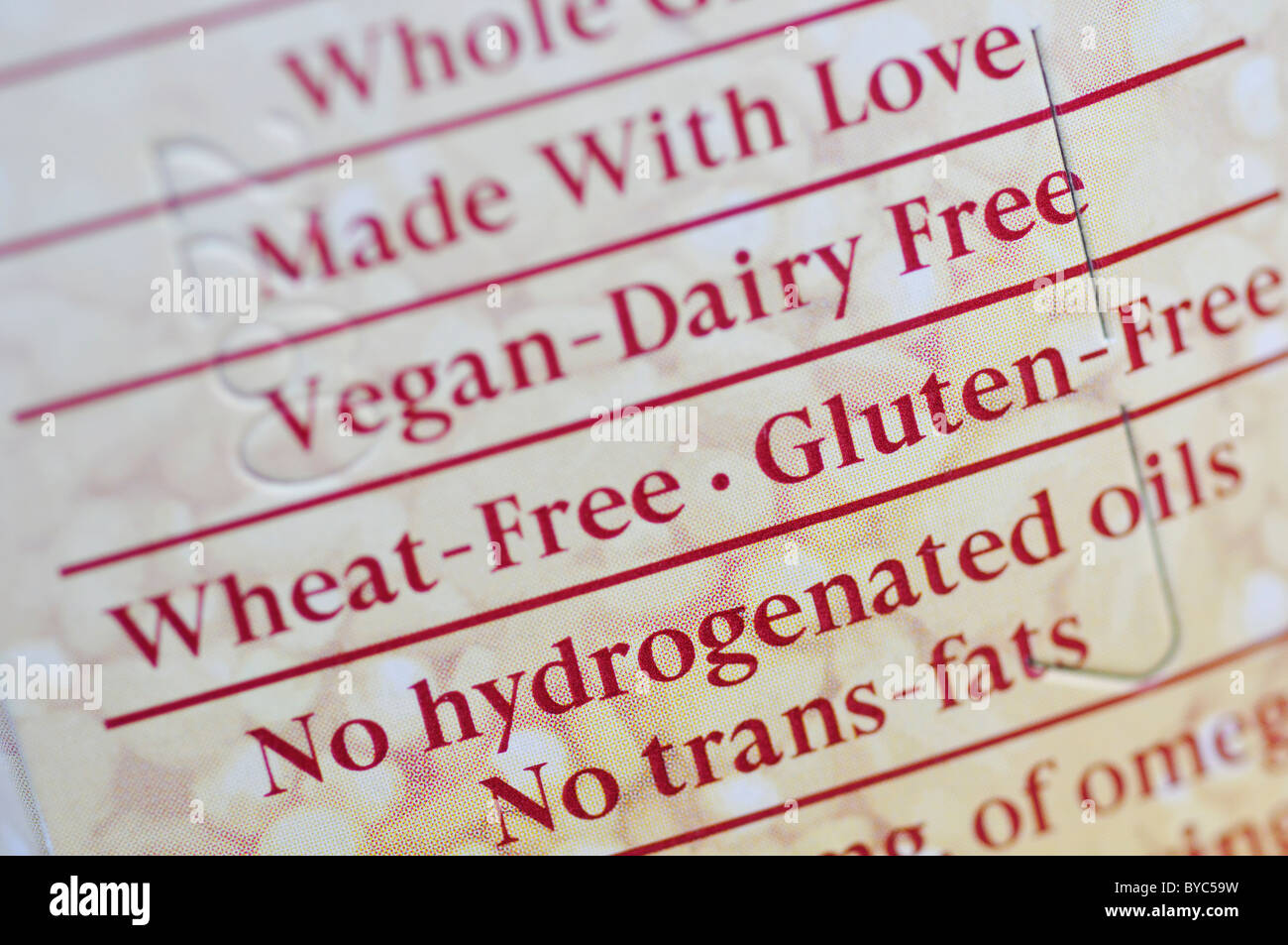Vegan, Milchprodukte, Weizen und Gluten frei, frei Zeichen auf Lebensmittel-Paket Stockfoto