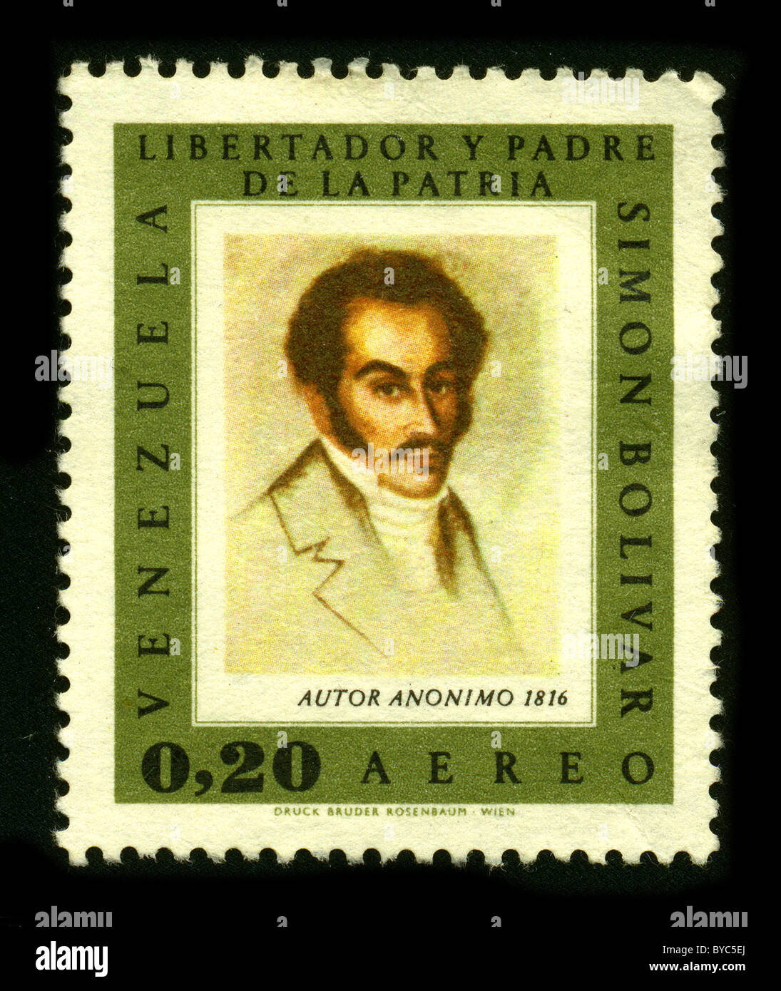 VENEZUELA - CIRCA 1980: Eine Briefmarke gewidmet Simón José Antonio De La Santísima Trinidad Bolívar y Palacios Ponte y Blanco, allgemein bekannt als Simón Bolívar (24. Juli 1783 - 17. Dezember 1830) war ein venezolanischer militärischer und politischer Führer, circa 1980. Stockfoto