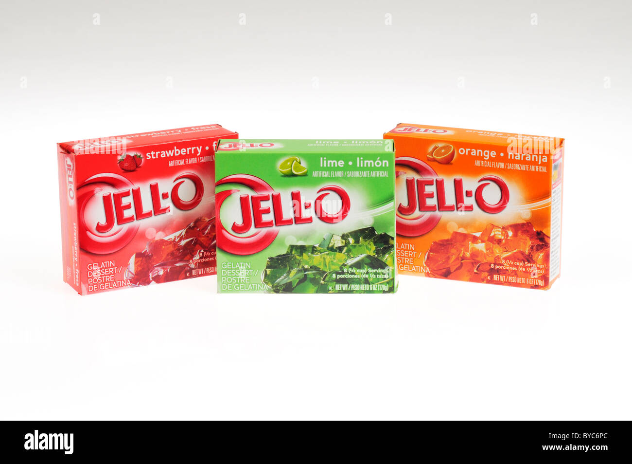 Boxen von pulverförmigen Jell-o Gelatin-mix auf weißem Hintergrund Ausschnitt Stockfoto