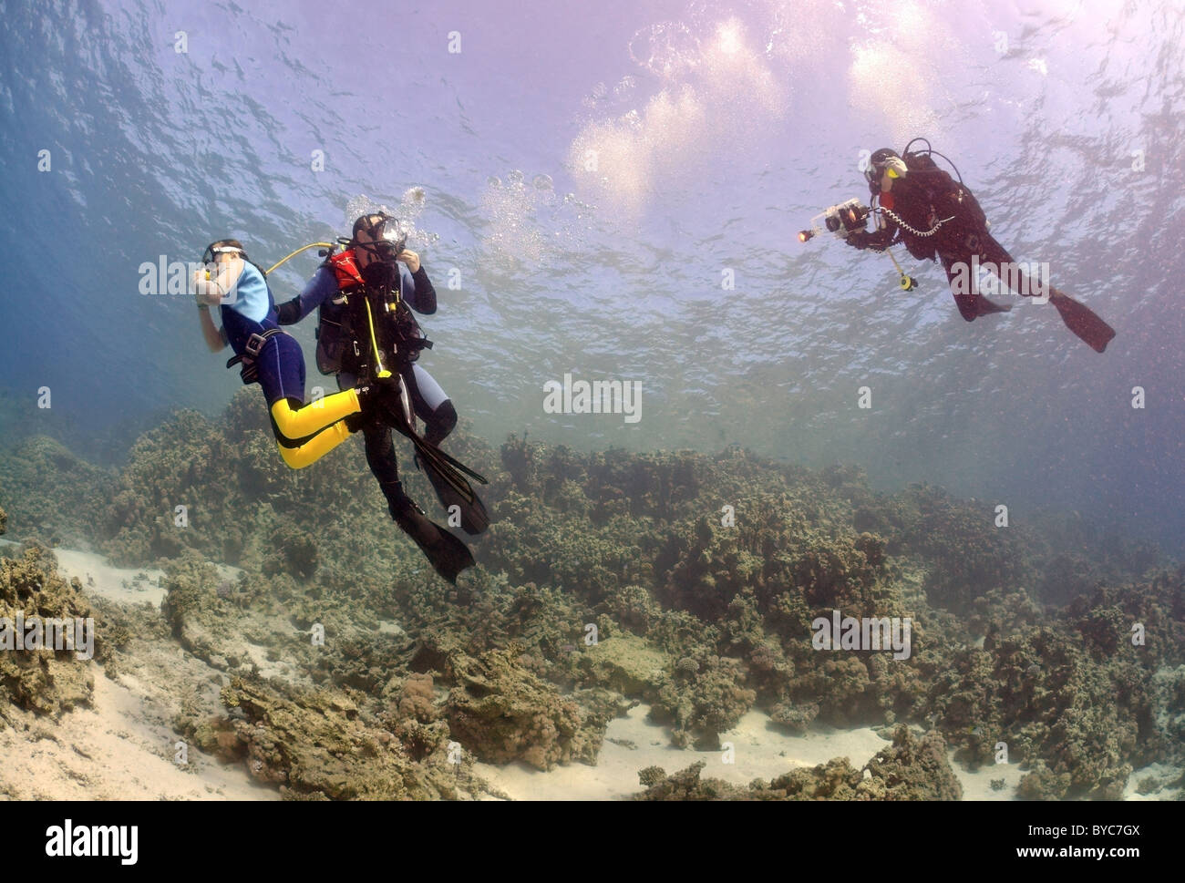 Scuba Diver zeigt das Kind die Unterwasserwelt Stockfoto