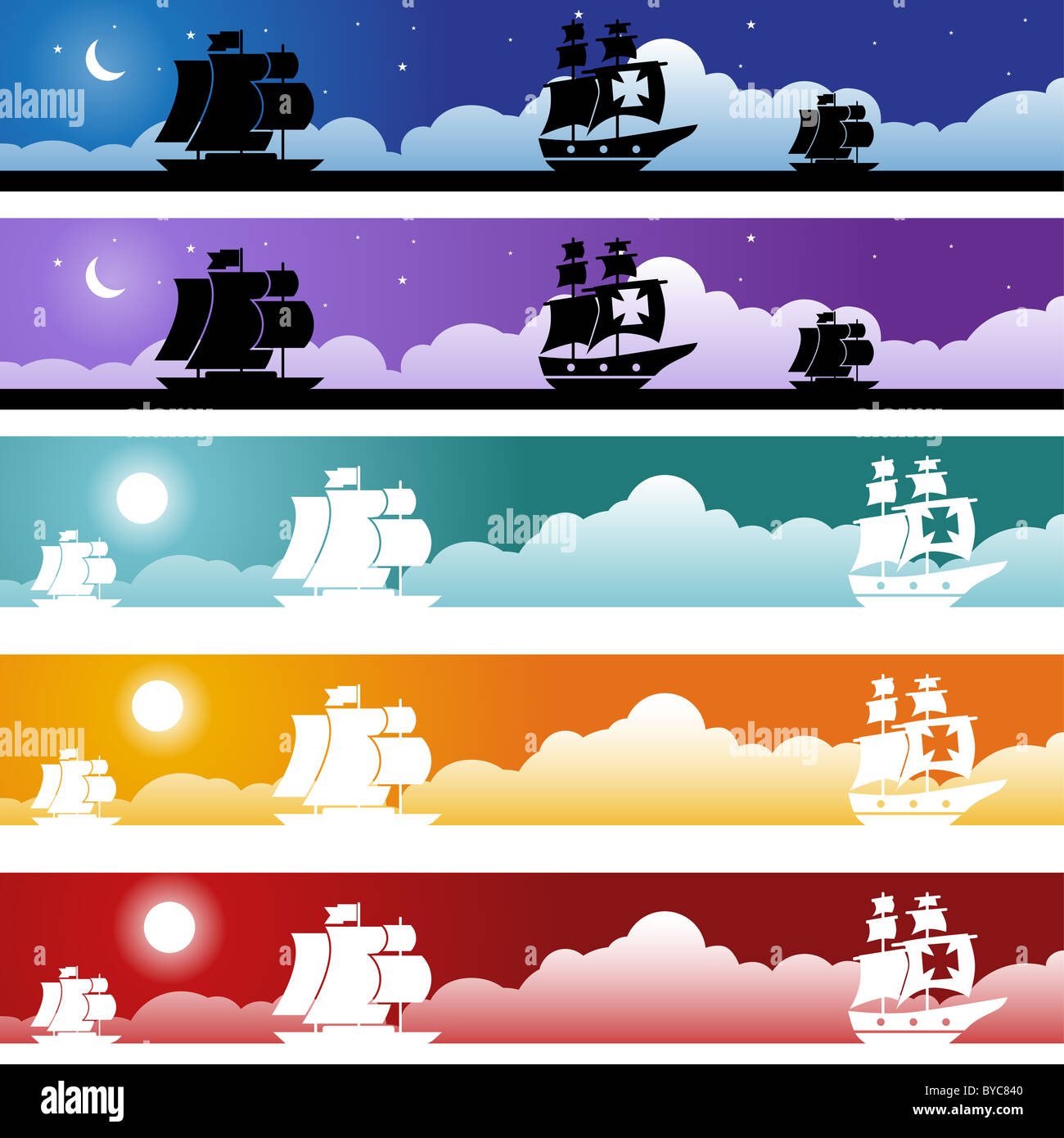 Reihe von Bildern mit mehreren altmodischen Segelboote mit Tag/Nacht-Hintergrund. Stockfoto