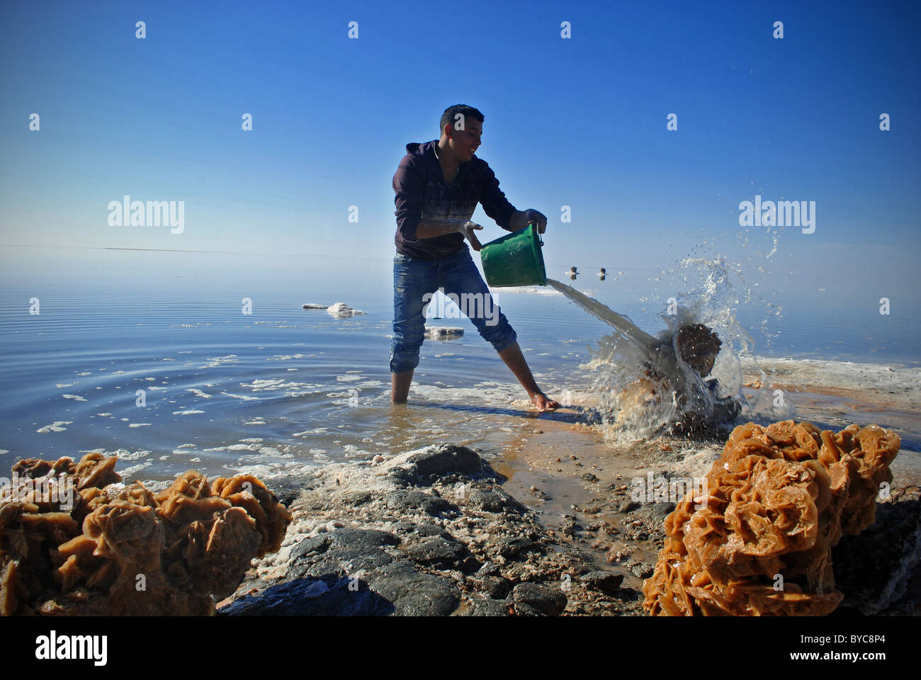 Mann macht "Wüste Rosen" (aus Gips und Ablagerungen) auf den Chott el Jerid Salz Wohnungen, Tunesien Stockfoto