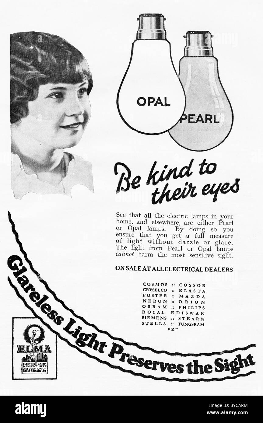 Original 1920er Jahre ganzseitige Anzeige in Frauen-Magazin für elektrische Glühbirnen Stockfoto