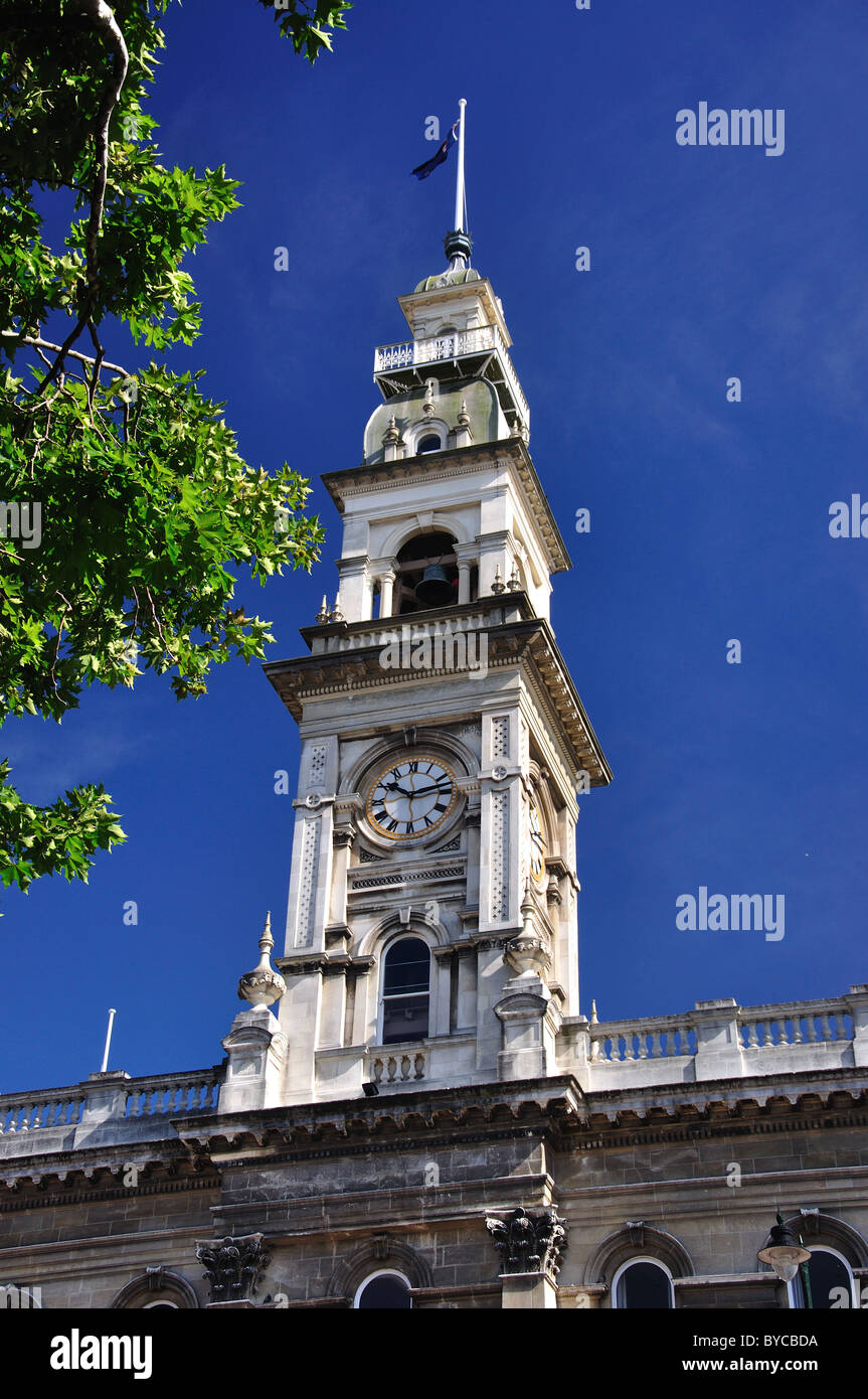 Dunedin-Rathaus-Turmuhr, Octagon, Dunedin, Otago Region, Südinsel, Neuseeland Stockfoto