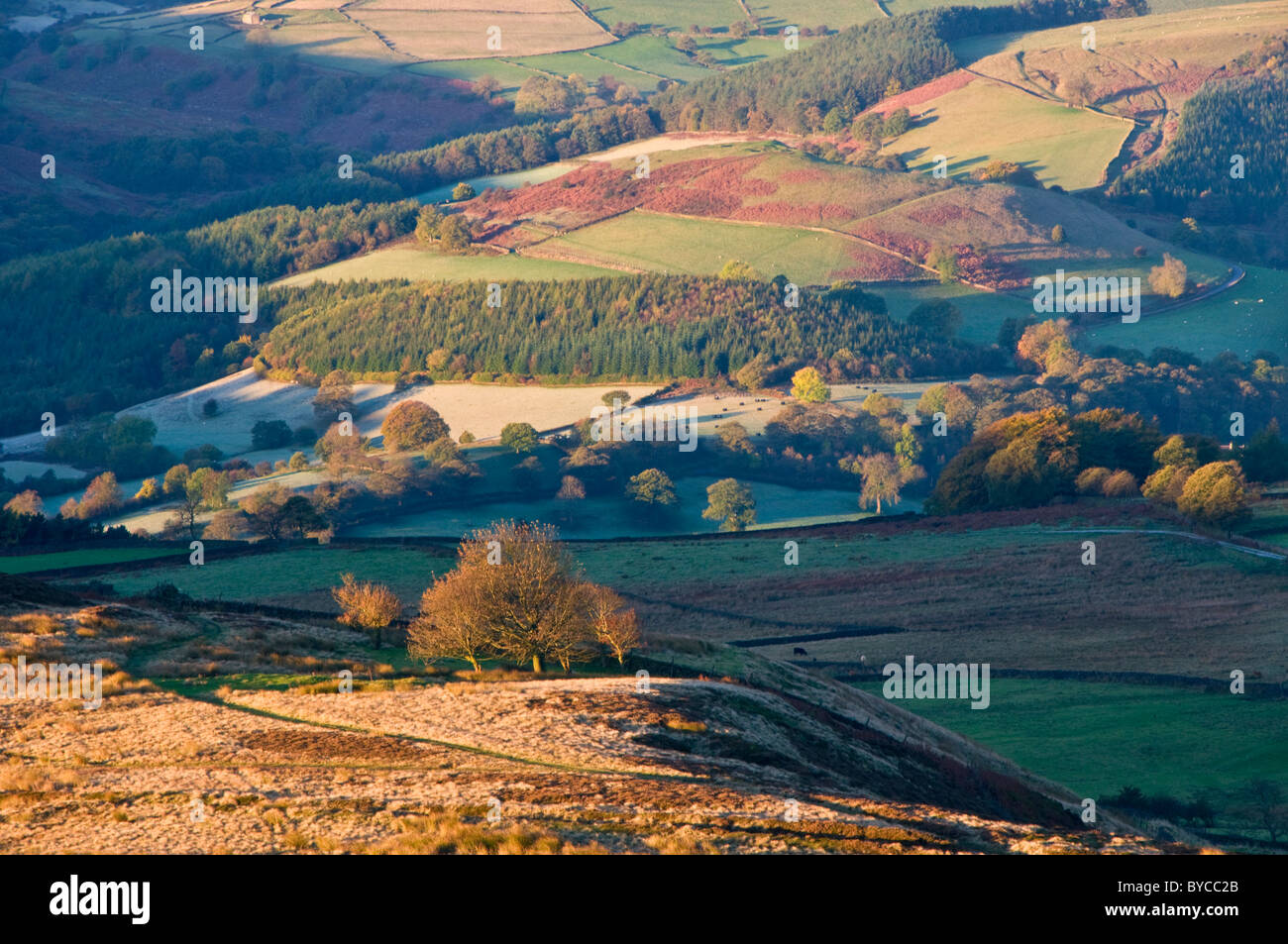 Blick über Hathersage Moor & Mühlstein Kante in Richtung der Derwent Valley, Peak District National Park, Derbyshire, England, UK Stockfoto