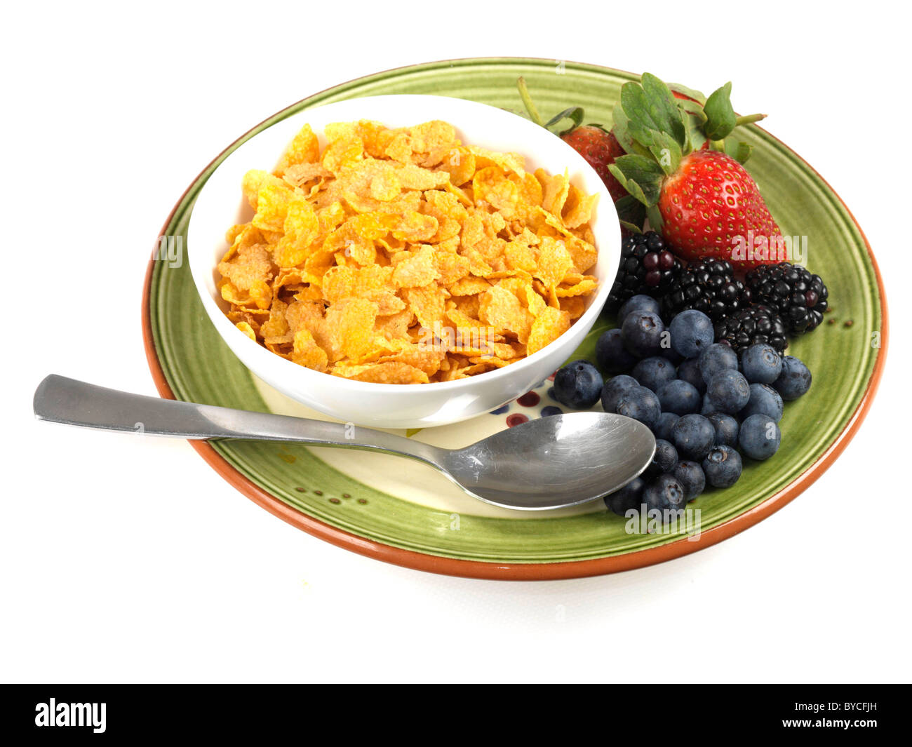Schale Frühstück Müsli mit gesunden Reife frische Beeren und kein Volk gegen einen weißen Hintergrund Stockfoto