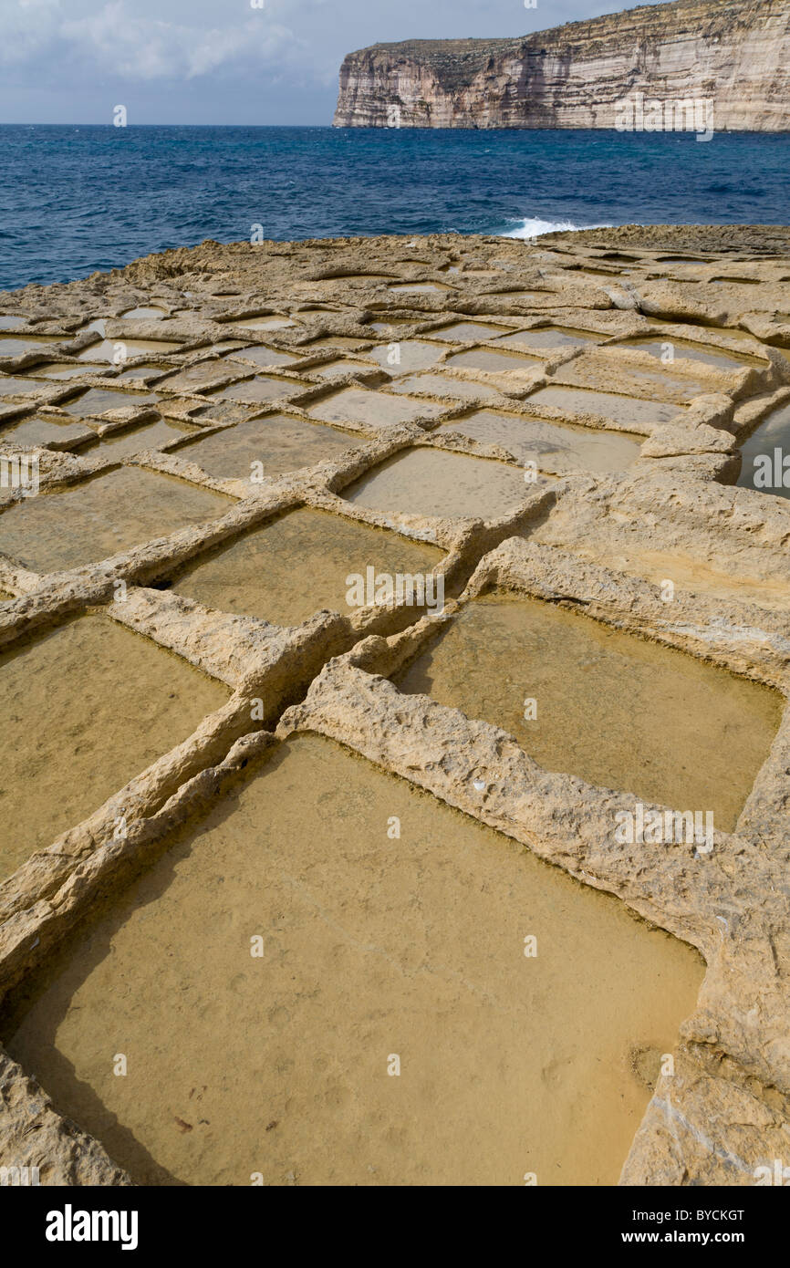 Salinen an der felsigen Küste in Xlendi, Gozo, Malta. Stockfoto