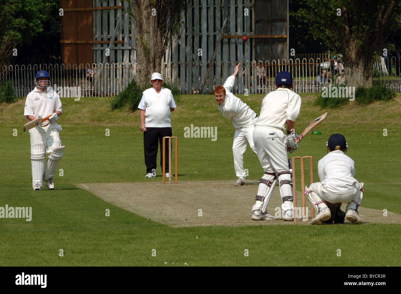 Cricket-Spieler in Aktion bei einem Cricket-Spiel. Stockfoto
