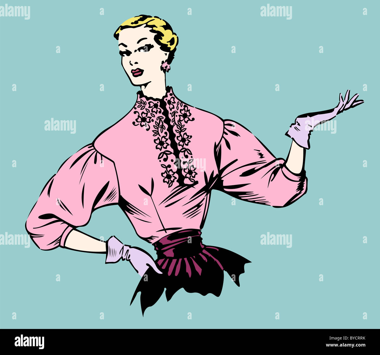 Frau gekleidet wie 50er Jahre Stil. Abbildung retro auf Pastell blau hinterlegt. Vektor zur Verfügung Stockfoto