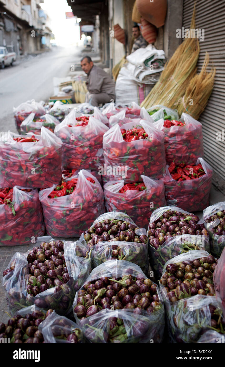 Frische Paprika und Auberginen zum Verkauf auf der Straße in Hama, Syrien Stockfoto