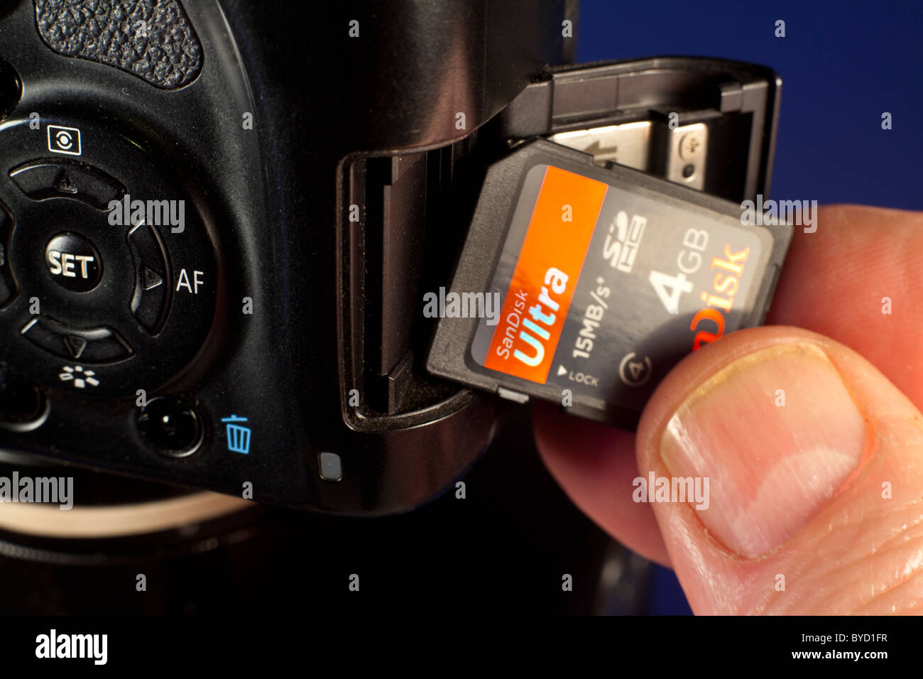 SD-Speicherkarte und eine digitale Kamera Stockfoto