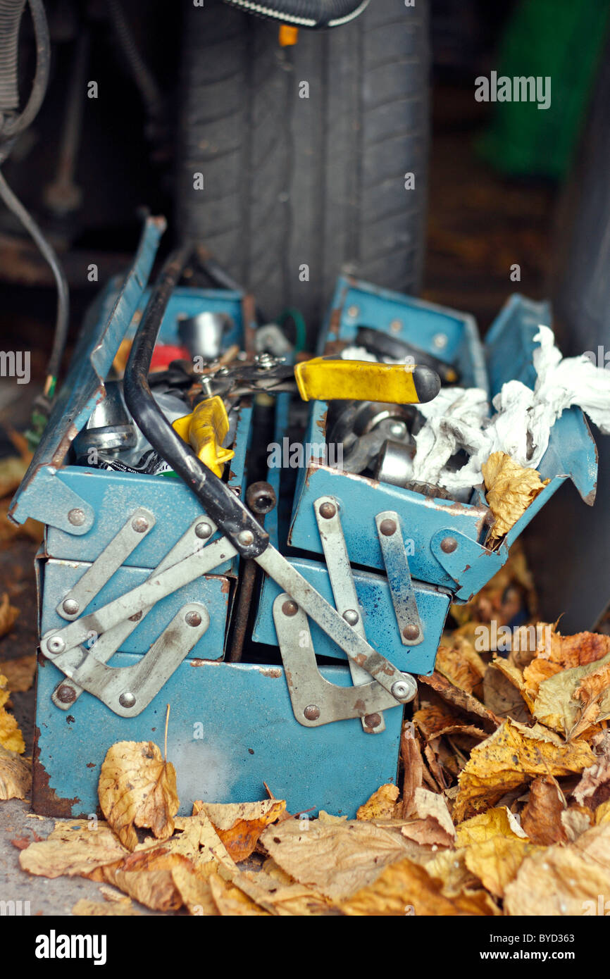 Eine alte blaue rostigen Metall Werkzeugkasten liegt auf dem Boden der Garage, unter einem Haufen Laub und vor ein Autoreifen. Stockfoto