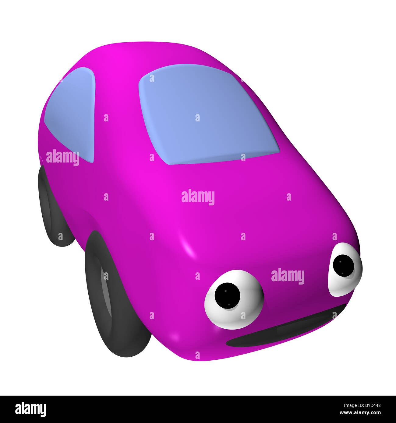 Das kleine weibliche Spielzeugauto 3d mit Augen, ist es isoliert Stockfoto