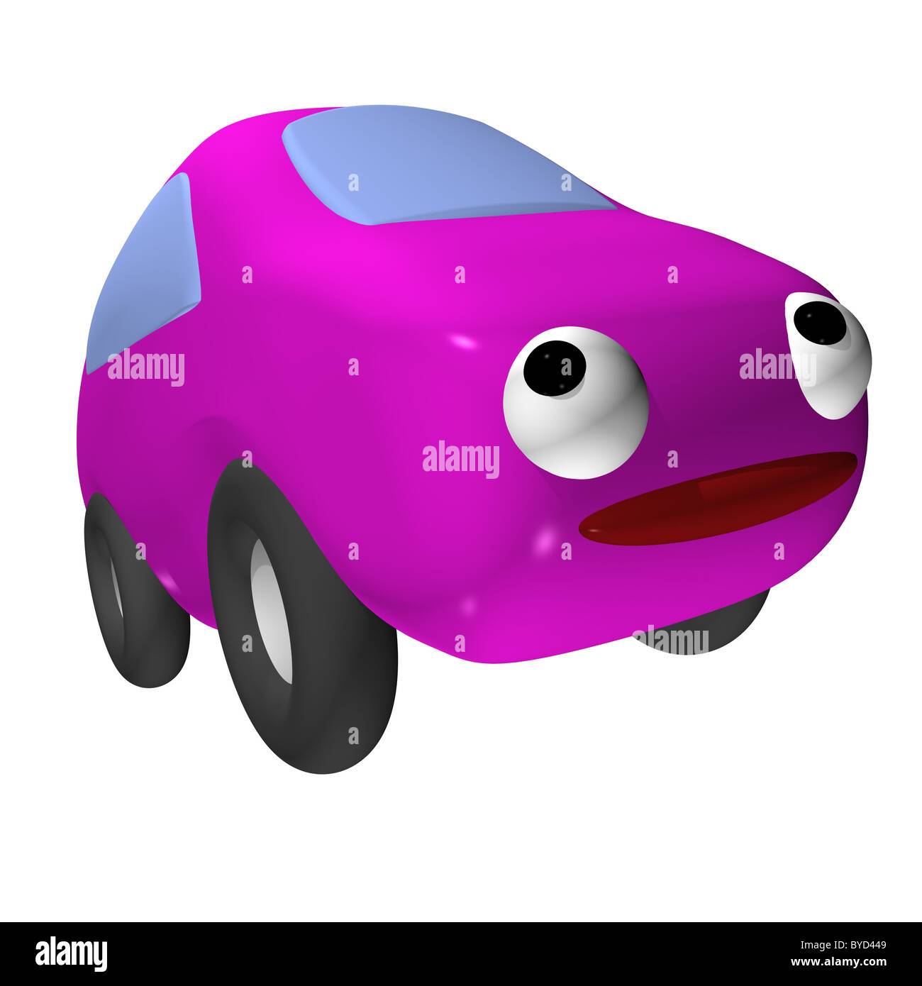 Das kleine weibliche Spielzeugauto 3d mit Augen, ist es isoliert Stockfoto