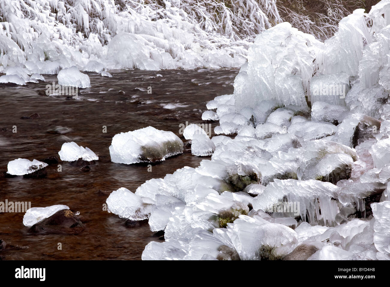 Kalten winterlichen Bedingungen erstellen Eisgebilde an der Basis der Schachtelhalm fällt in Oregon die Columbia River Gorge. Stockfoto