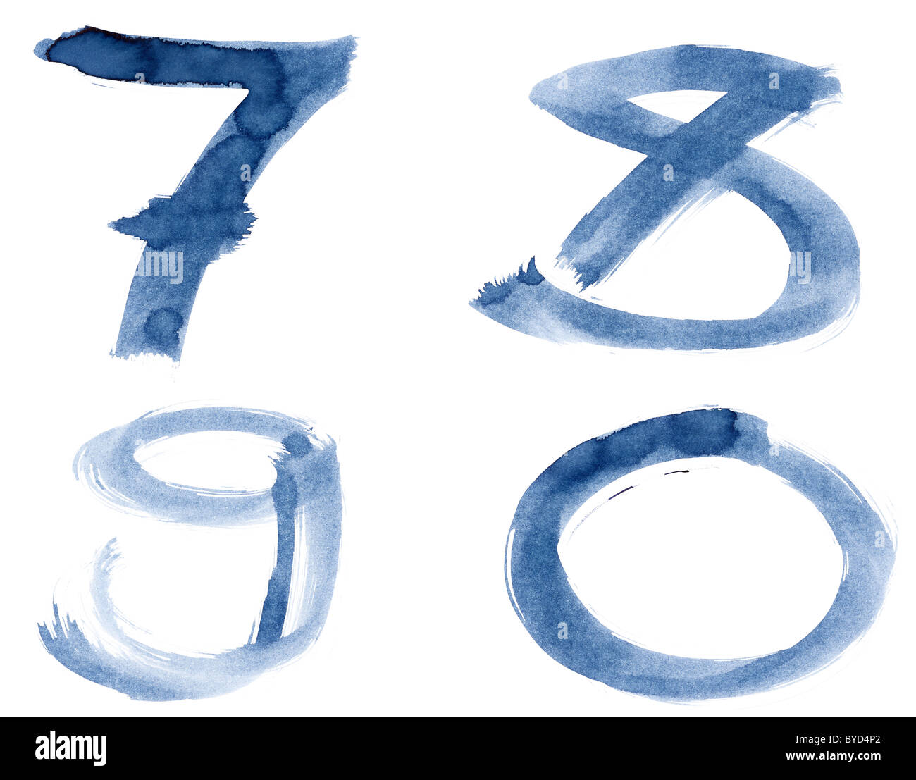 Grunge handschriftliche Tinte Alphabet, isoliert auf weißem Hintergrund. Zahlen-7890 Stockfoto