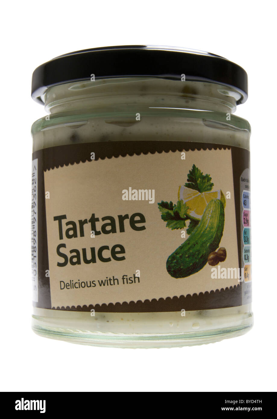 Glas mit Tartare Sauce auf weißem Hintergrund Stockfoto