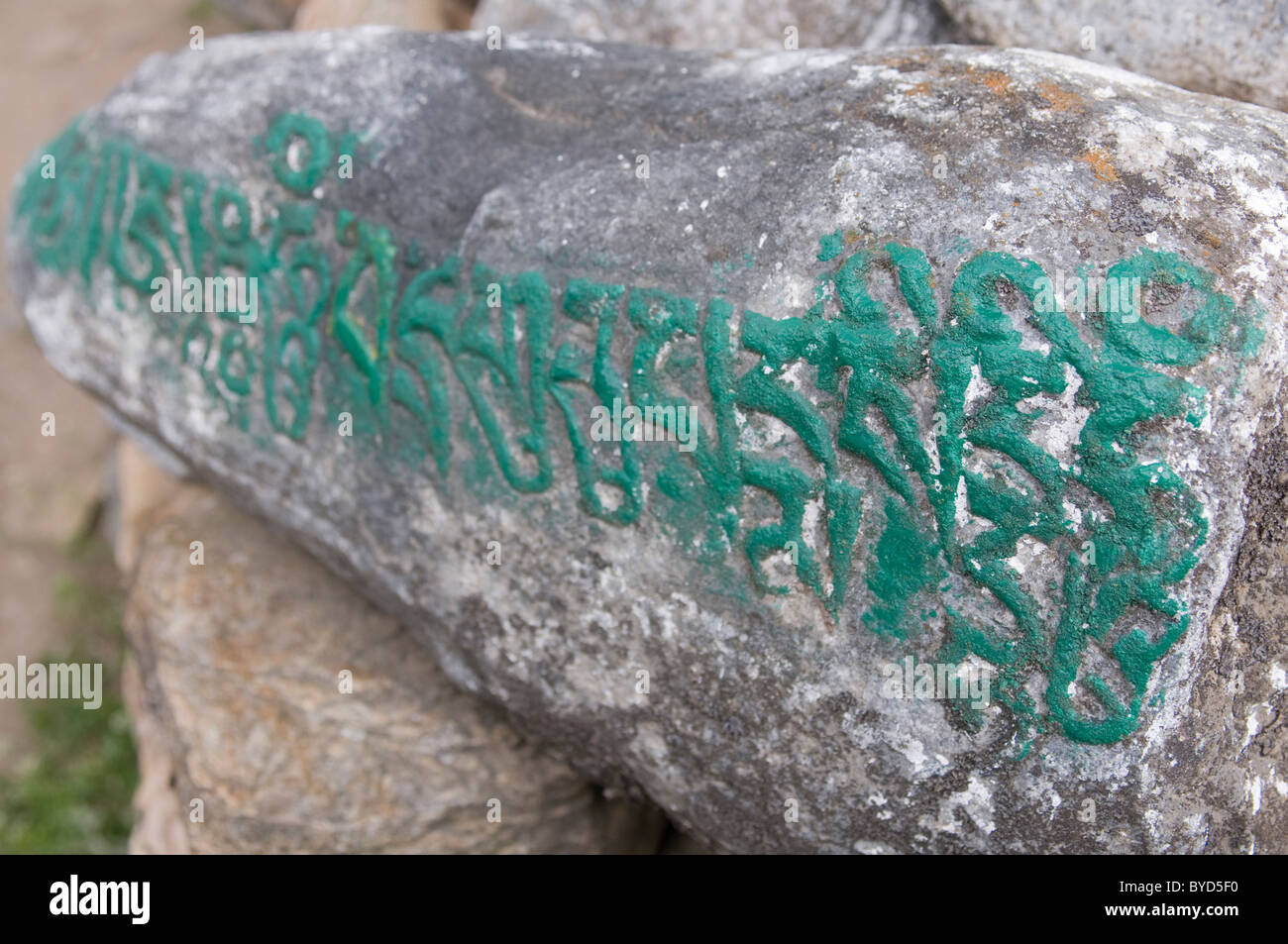 Geschnitzten Stein, Innenhof, Kyichu Lhakahang, Bhutan, Asien Stockfoto