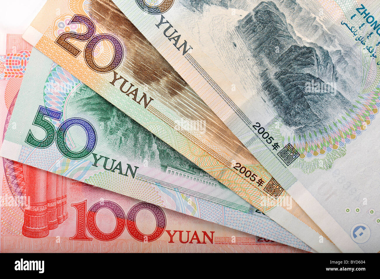 Fan von chinesischen Yuan Renminbi, der Währung der Volksrepublik China, auch bekannt im Westen als Yuán Kuai Banknoten Stockfoto