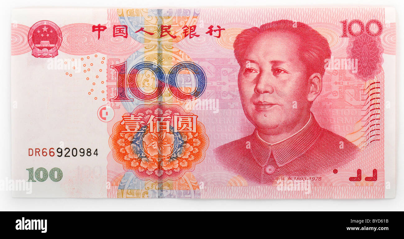 100 chinesische Yuan Renminbi, der Währung der Volksrepublik China, auch bekannt im Westen als eine Yuán Kuai-banknote Stockfoto