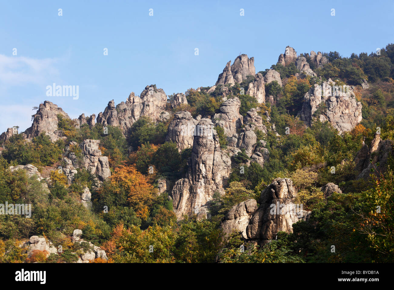 Felsen mit Klettergarten über Dürnstein, Wachau, Waldviertel, Niederösterreich, Österreich Stockfoto