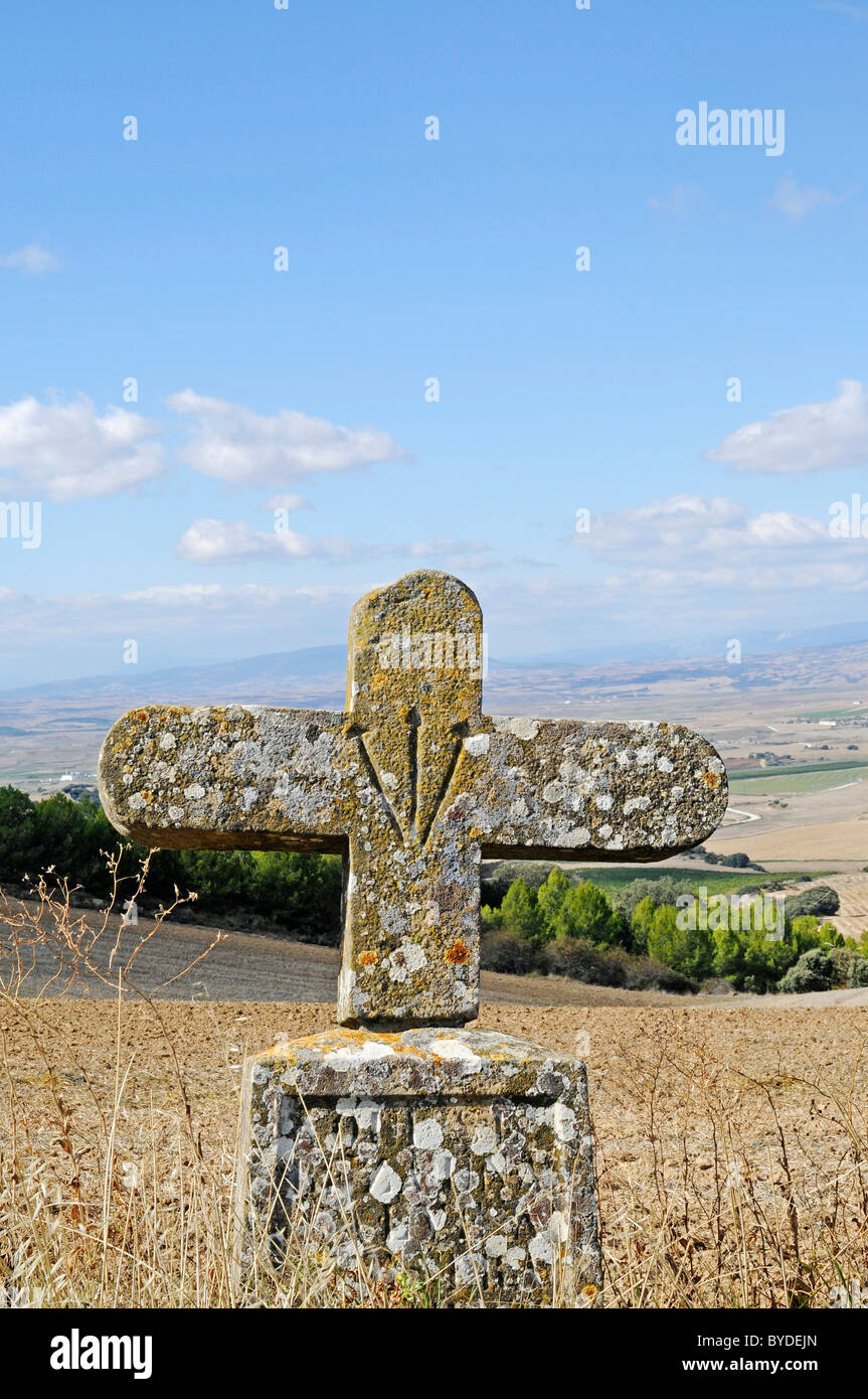 Shell und Kreuz, Jakobsmuschel, Camino de Santiago oder Way of St. James, Puente la Reina, Pamplona, Navarra, Spanien, Europa Stockfoto