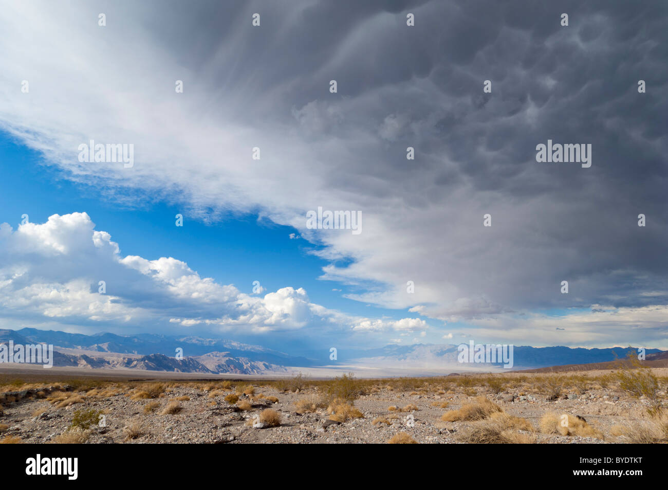 Nähert sich der Cottonwood Bergen der Panamint Range (links) und die Weinrebe Berge des Bereichs Amargosa Gewitterwolken Stockfoto