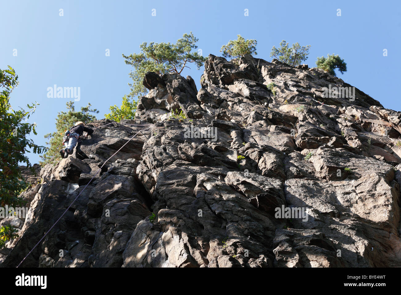 Klettern in Fels Achleitenwand in der Nähe von Weissenkirchen in der Wachau, Waldviertel, Niederösterreich, Österreich, Europa Stockfoto